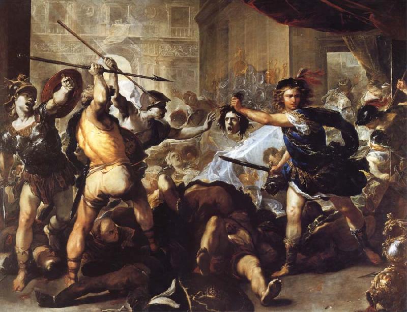 Luca  Giordano Perseus Turning Phineas and his followers to stone France oil painting art